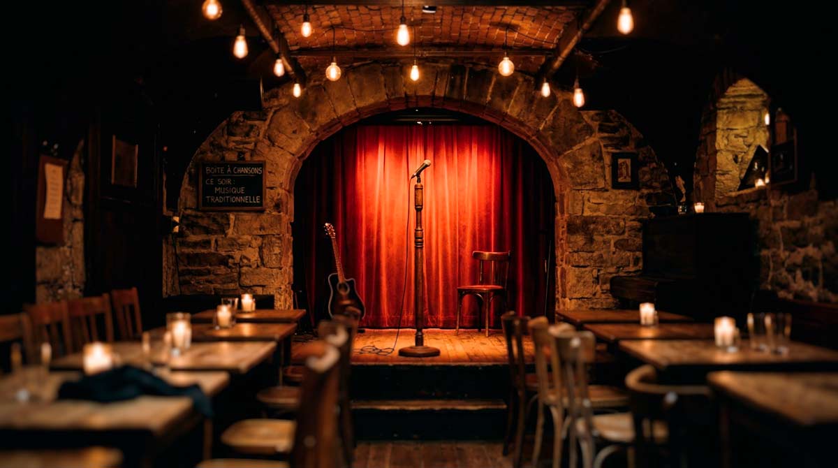 Intérieur chaleureux d'une boîte à chanson québécoise la nuit, avec éclairage ambre sur scène et ambiance intime